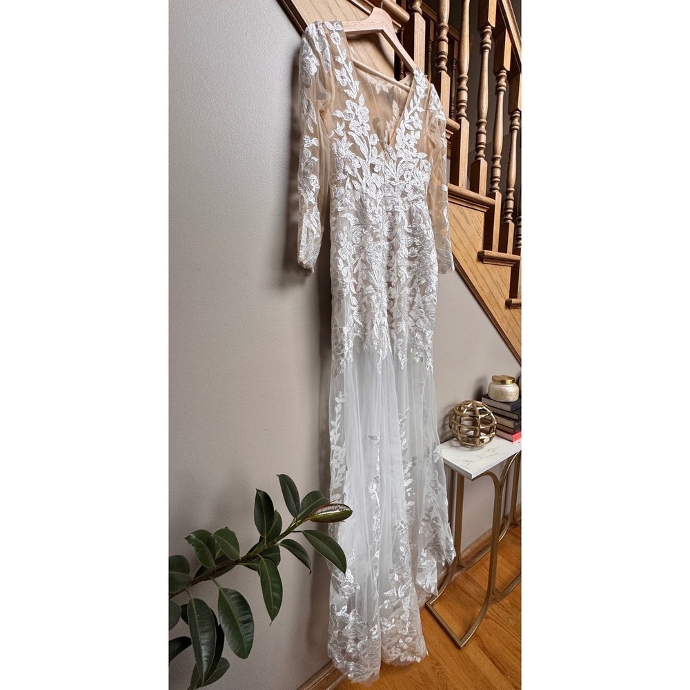 Wedding Bridal Gown White Dress XS/S Lace Floral Appliqué Sheer Long Sleeve - Picture 8 of 16